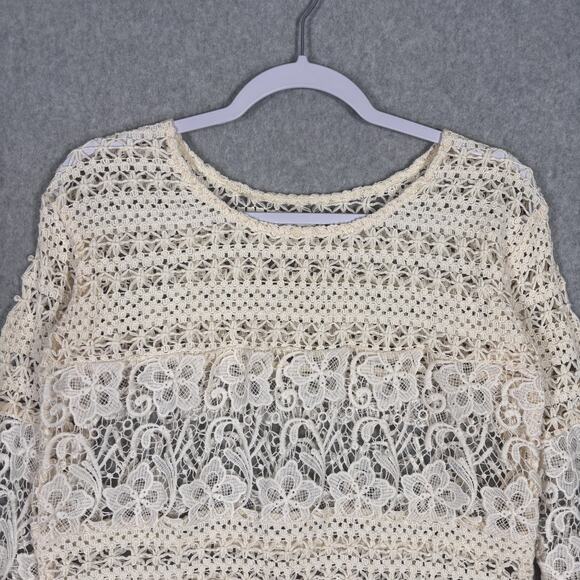 Crochet Lace Top Small Cream Sheer‎ Boho Festival Coquette Cottage Resort Cruise - Picture 2 of 12